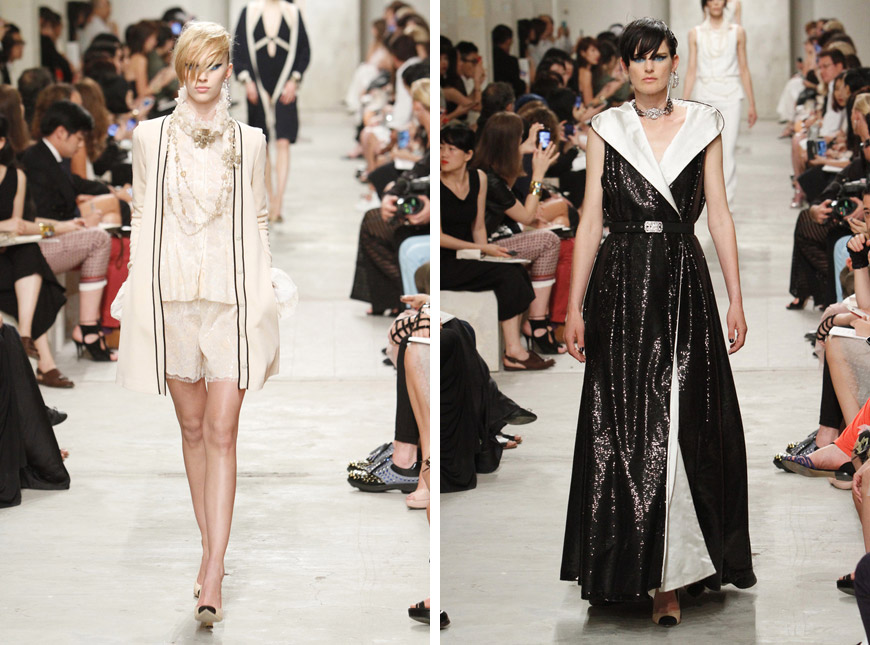 Biela blúzka svysokým stojačikom či čierne večerné metalické šaty o by ste si z kolekcie Chanel vybrali vy