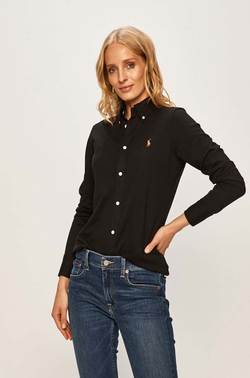 Bavlnená košeľa Polo Ralph Lauren dámska,čierna farba,regular,s klasickým golierom,211664427010