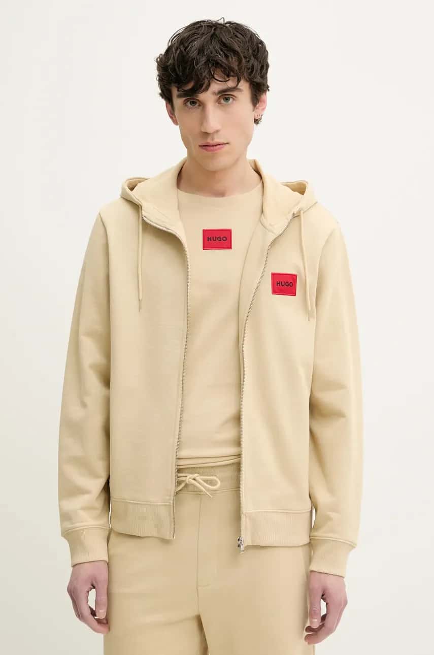 Bavlnená mikina HUGO pánska, čierna farba, s kapucňou, melanžová, 50447972