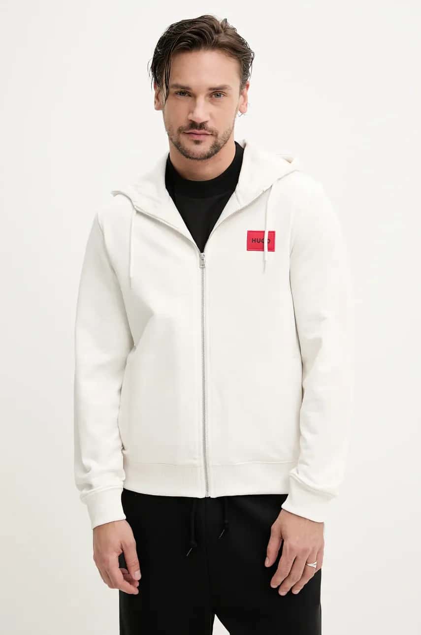 Bavlnená mikina HUGO pánska, čierna farba, s kapucňou, melanžová, 50447972