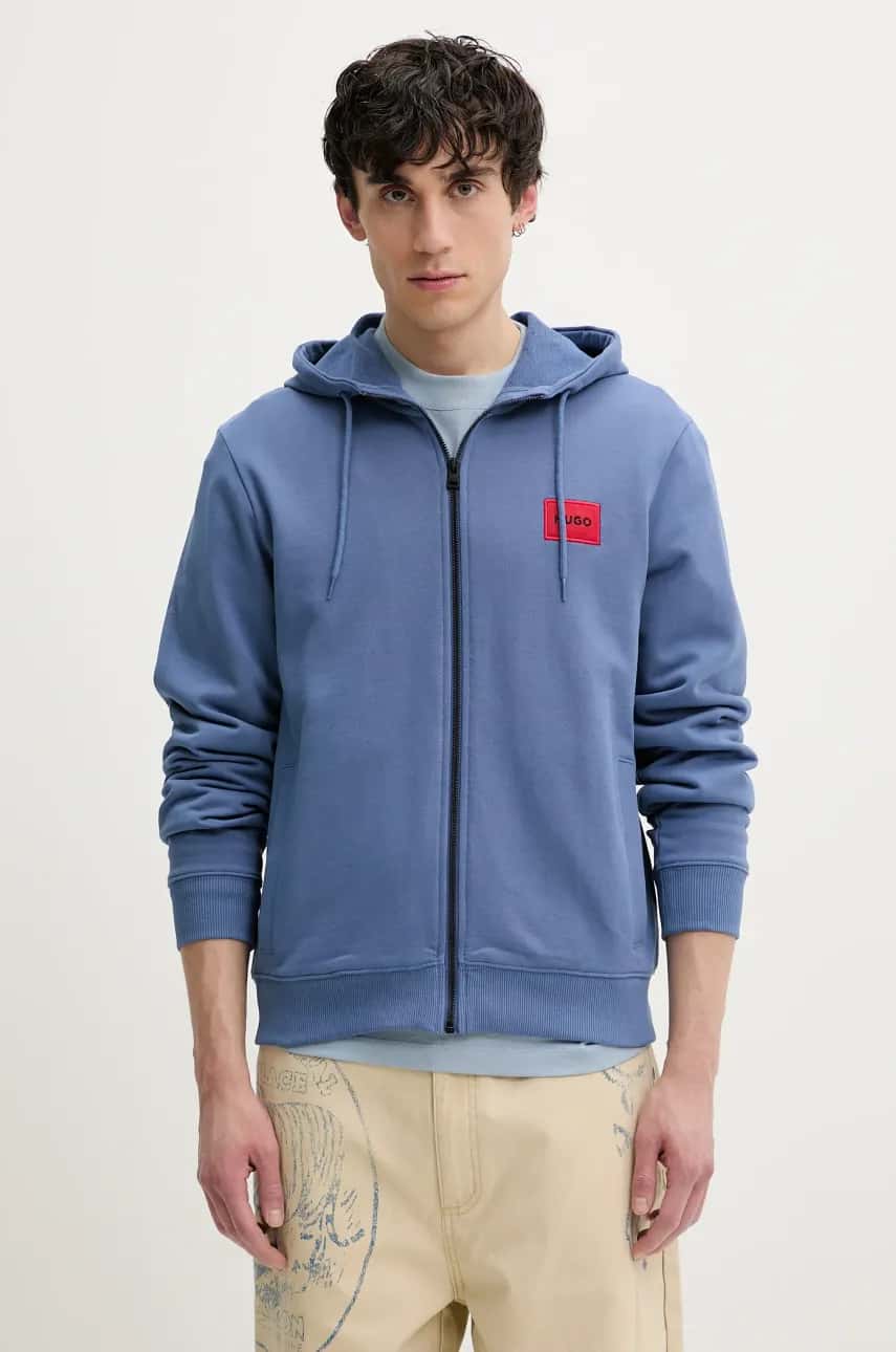 Bavlnená mikina HUGO pánska, čierna farba, s kapucňou, melanžová, 50447972