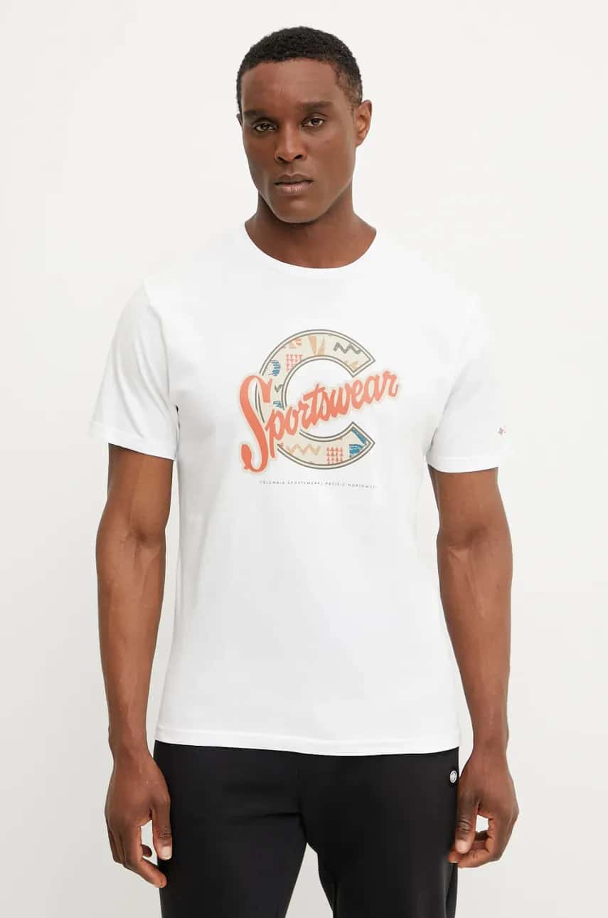 Bavlnené tričko Columbia biela farba, s potlačou