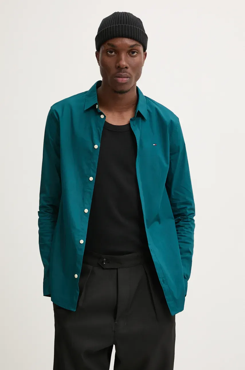 Košeľa Tommy Jeans pánska, zelená farba, slim, s klasickým golierom, DM0DM04405