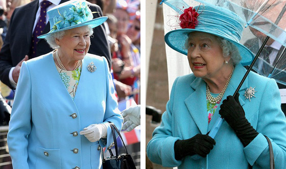 Kráľovná Alžbeta v modrých kostýmoch
