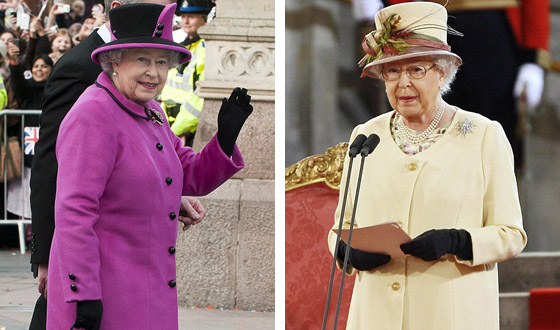 Kráľovná Alžbeta vo fialovom a krémovom kostýme