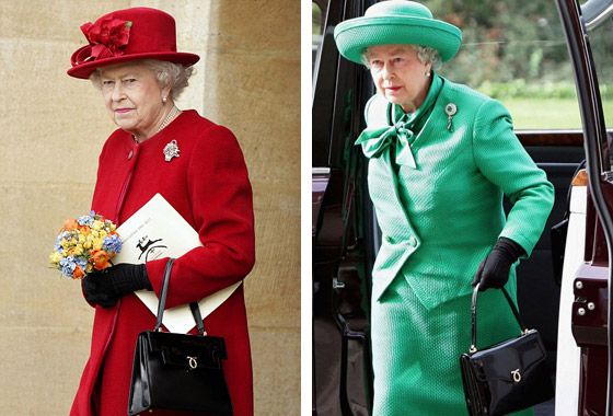 Kráľovná Alžbeta v červenom a zelenom kostýme