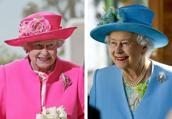 Kráľovná Alžbeta v ružovom a modrom outfite s klobúkmi