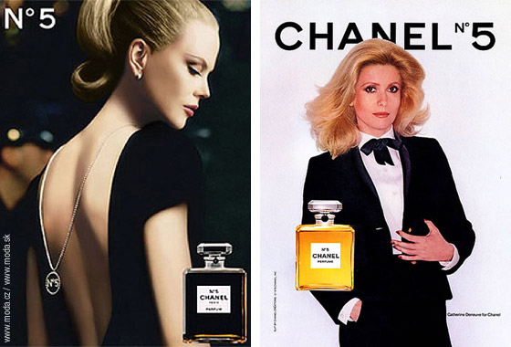 Reklamy pre Chanel No 5 zľava reklama s Nicol Kidman Catherine Deneuve dole Audrey Tautou a stará retro reklama