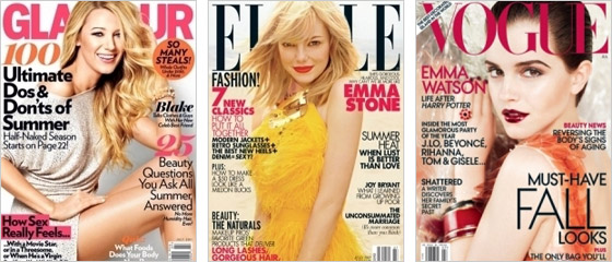 Titulné stránky časopisov Glamour Elle a Vogue
