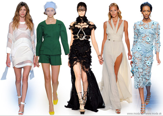 Zľava modely oblečenia z kolekcií RTW jar  leto 2012: Givenchy, Jil Sander, Alexander McQueen, Elie Saab, Dolce Gabbana