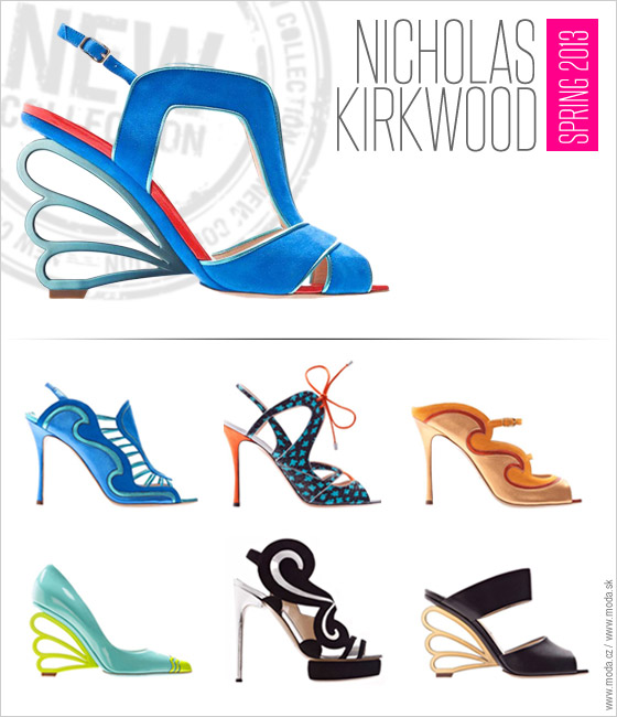 Najfamóznejšie z celej kolekcie vyzerajú topánky s podpätkom akoby vytvoreným z okvetných lístkov kvetín. Tento podpätok nájdete na niekoľkých modelov Nicholasa Kirkwooda líšiacich sa tvarom i farbou.
