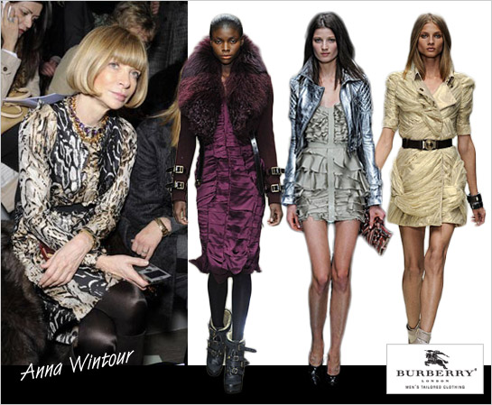 Anna Wintour šéfredaktorka americkej edície Vogue miluje značku Burberry Prorsum Zľava doprava oblečnie z kolekcie Burberry jeseňzima 2010 jarleto 2011 jarleto 2010 