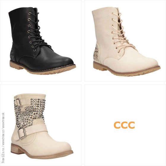 Popisok: Členkové topánky CCC sú inšpirované motorkárskou módou. Drsné vybíjanie nahradil štras a iné trblietky. (Cena: 34,95 €)