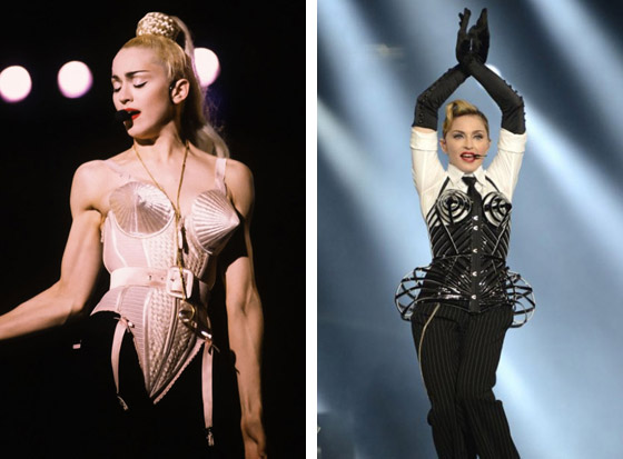 Dve podprsenky Madonny od Jeana Paula Gaultiera vľavo z turné v roku 1990 Blond Ambition vpravo z roku 2012 pre turné MDNA